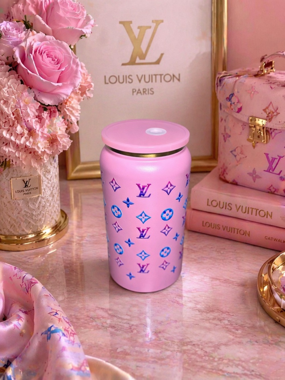 Louis Vuitton Pink Monogram Ceramic Travel Mug with Blue Accents